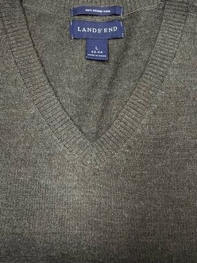 Lands' End Men's Olive V-Neck 100% Merino Wool Sweater